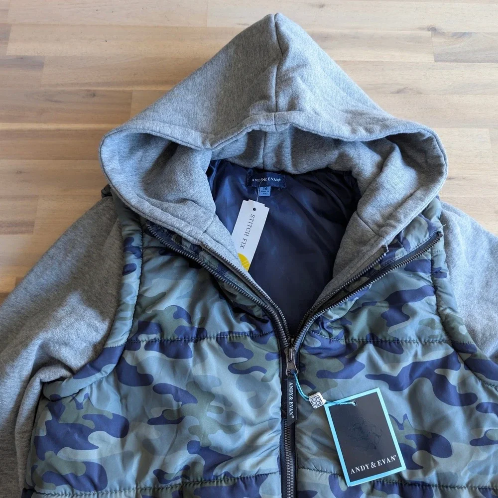 Andy‎ & Evan Kids Camo Puffer Hybrid Hoodie Jacket Green Blue Grey Size 16 NWT